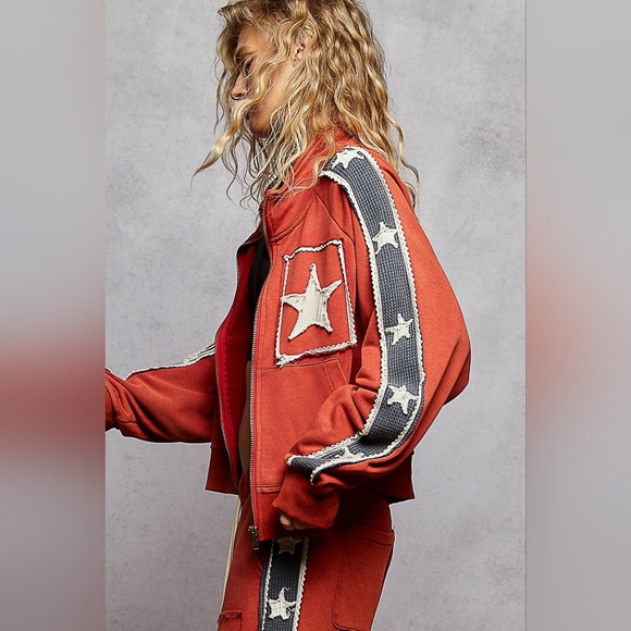 ​POL Star Patchwork Track Suit Set - Rust Red Orange Zip Jacket & Wide Leg - Picture 10 of 12